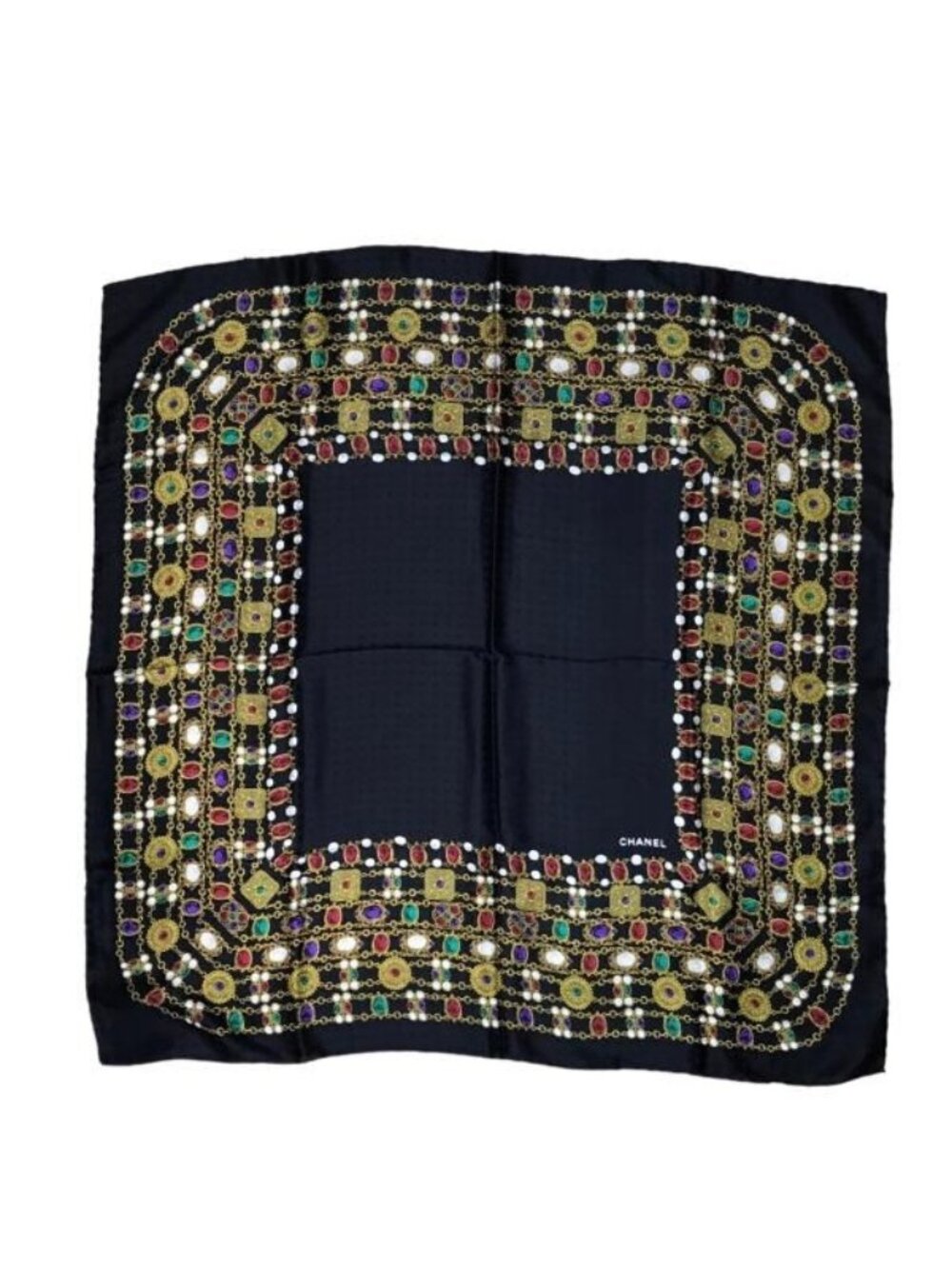 Chanel Gripoix Pattern CC Logo Scarf Silk 100% Black